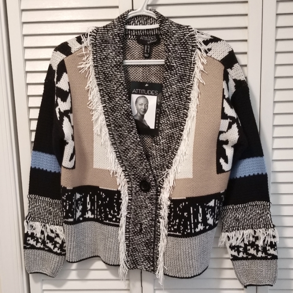 Cardigan, mixed knits, colors, and prints with fringe.
